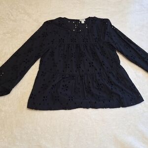 J.Crew Woman's Black Embroidered eyelet tiered boho blouse 3/4 sleeve Size XS
